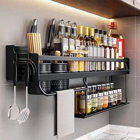 No punching black aluminum kitchen wall-mounted multi-function kitchenware seasoning bottle holder organize storage rack
