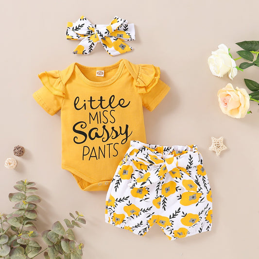 Girls' Spring/Summer Infant/Toddler Short Sleeve Solid Letter Printing Top+Small Flower Printing Trouser Set